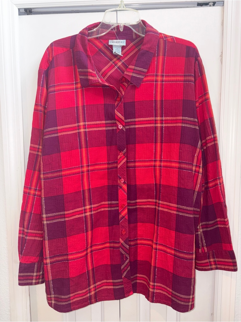 Catherines Plus Size Button Up Long Sleeved Blouse Plaid Metallic Threads
